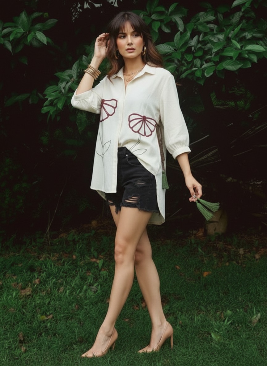 Elegant Cream Abstract Floral Casual Shirt