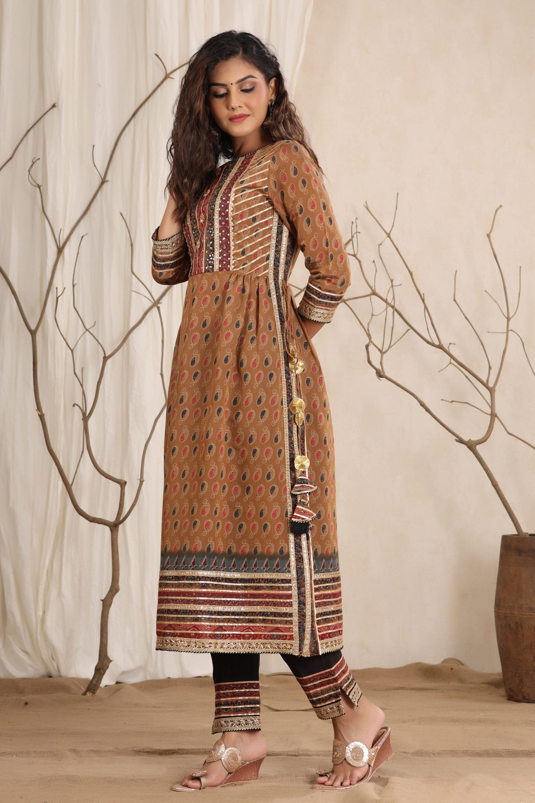 Cotton Tan Brown Kurta for Girls