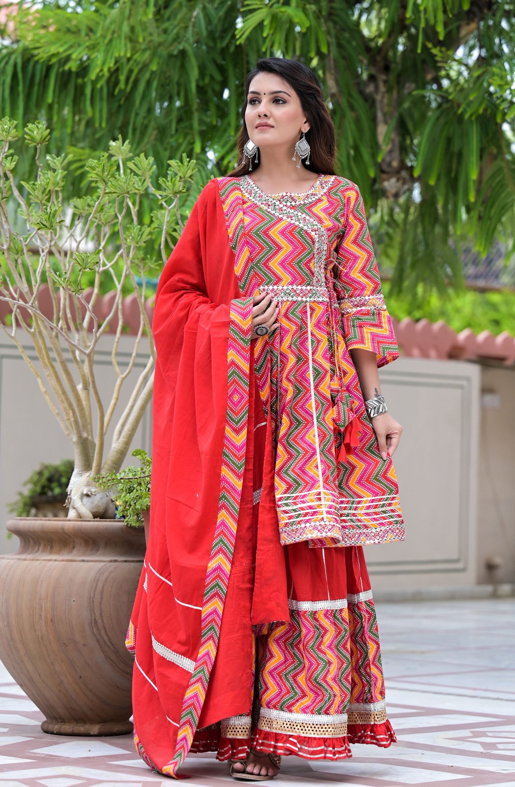 Red Printed Angrakha Sharara Set