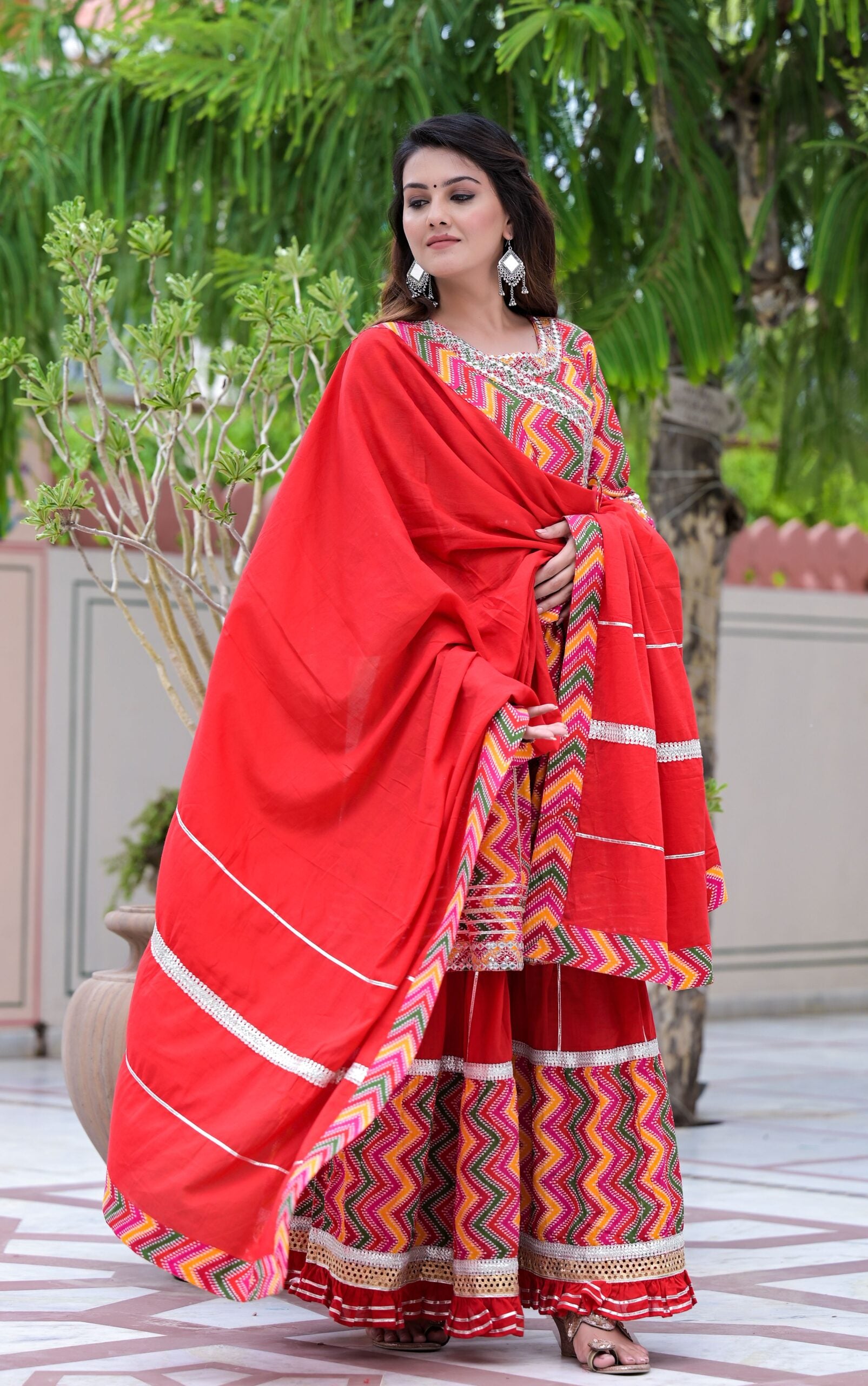 Red Printed Angrakha Sharara Set