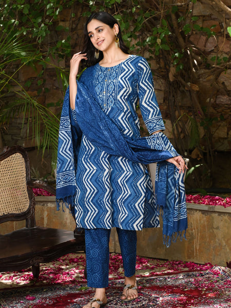 Indigo Printed Cotton Kurta Set
