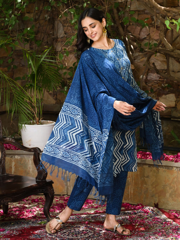 Indigo Printed Cotton Kurta Set