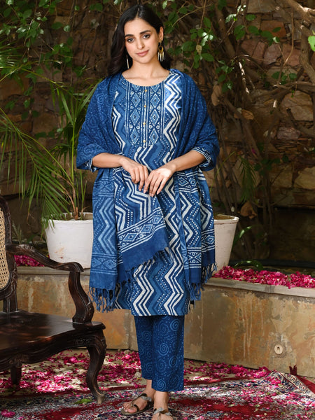 Indigo Printed Cotton Kurta Set