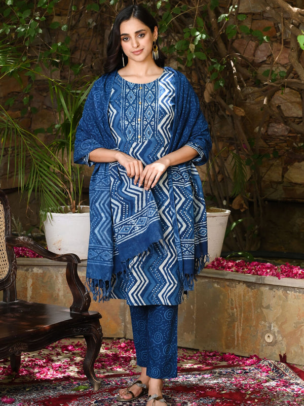Indigo Printed Cotton Kurta Set
