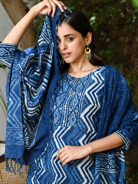 Indigo Printed Cotton Kurta Set