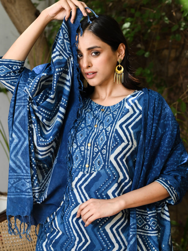 Indigo Printed Cotton Kurta Set