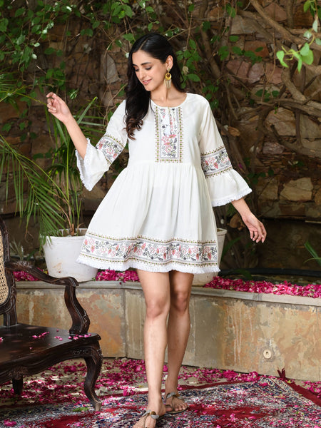 White Embroidered Girls Short Dress