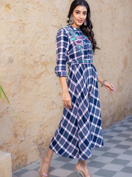 Blue Checks Cotton Dress.