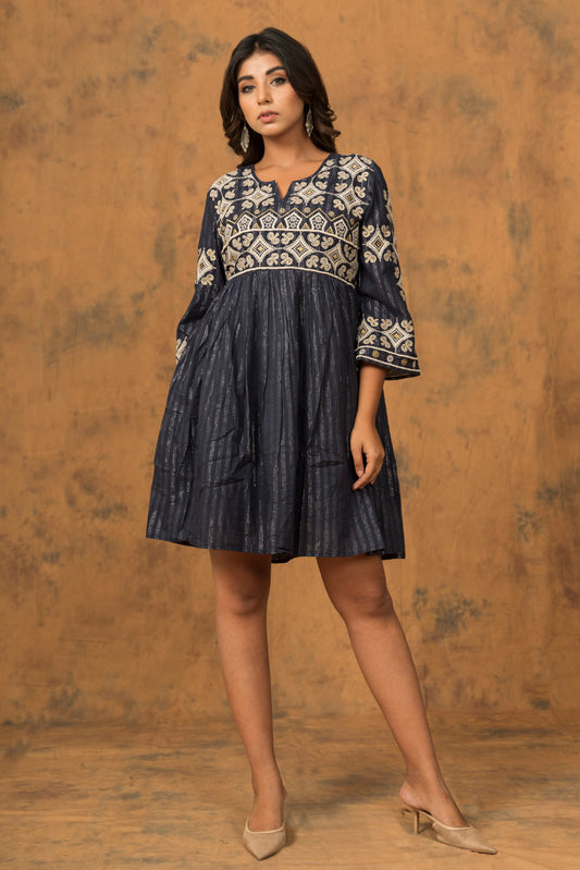 Cotton Lurex Embroidered Short a-line Dress