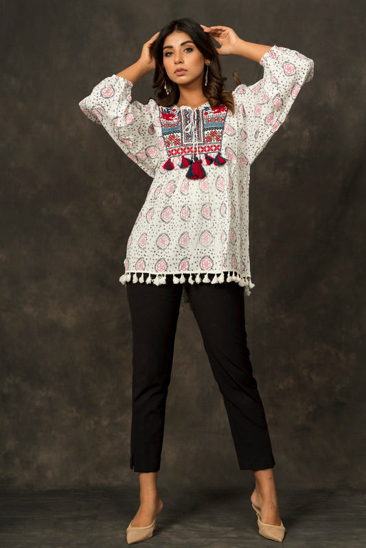  White Embroidered Flared Top  