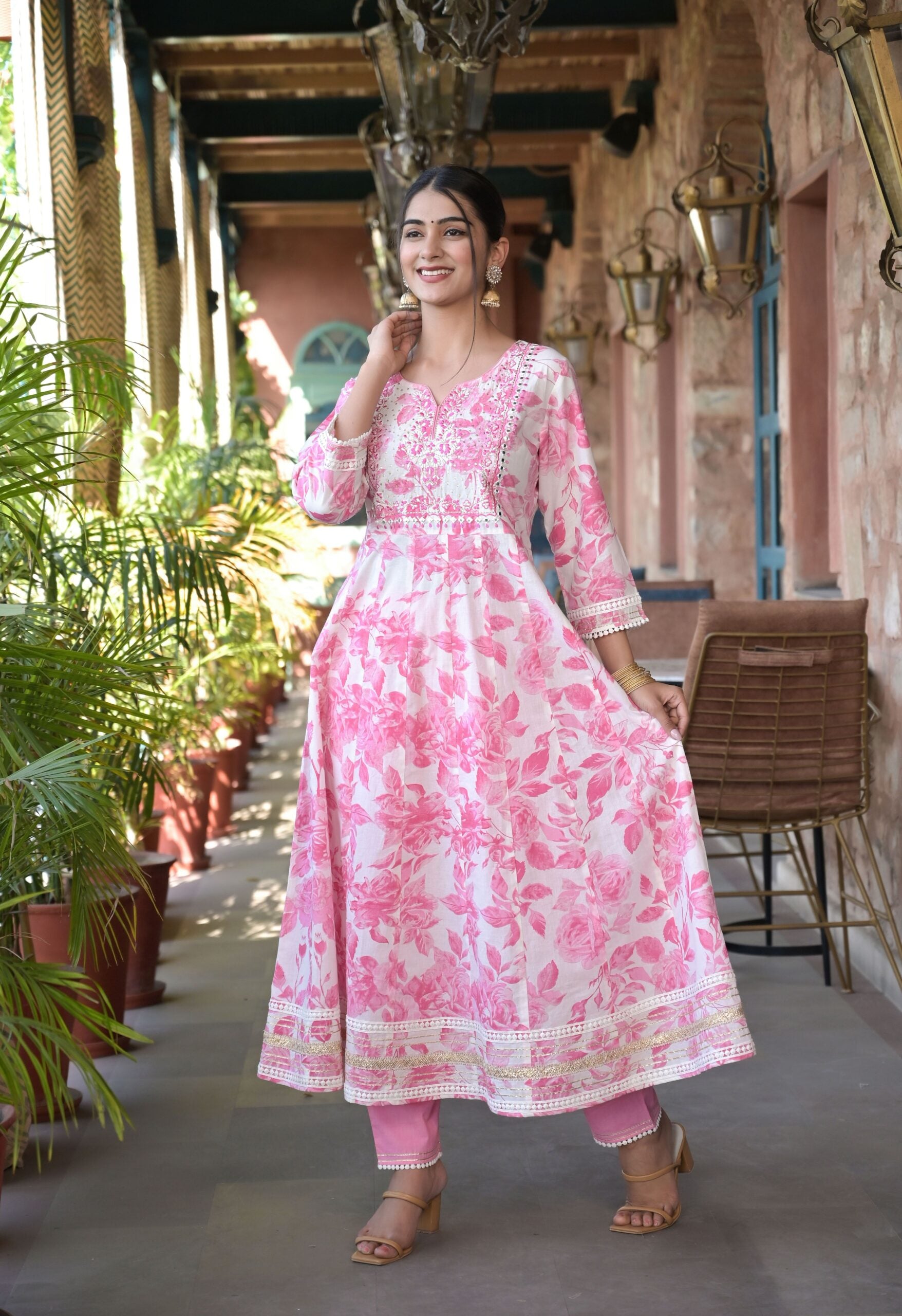 White Pink Floral Anarkali Suit Set