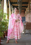 White Pink Floral Anarkali Suit Set