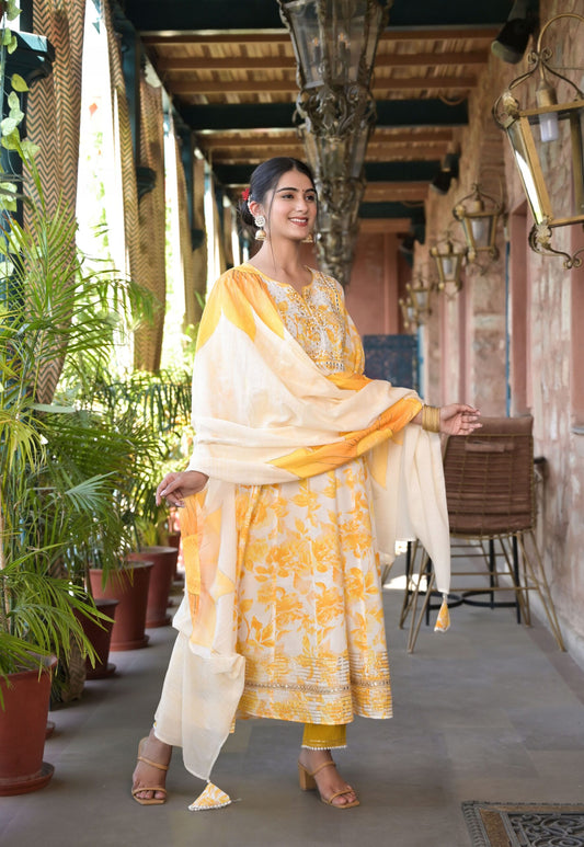 Designer Yellow Floral Anarkali Suit Set