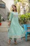Ivory Blue Flared Kurta Set With Hand-Painted Dupatta