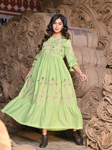 Green embroidered Midi Dress