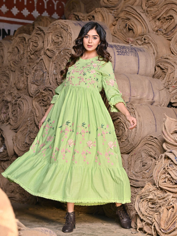 Green embroidered Midi Dress