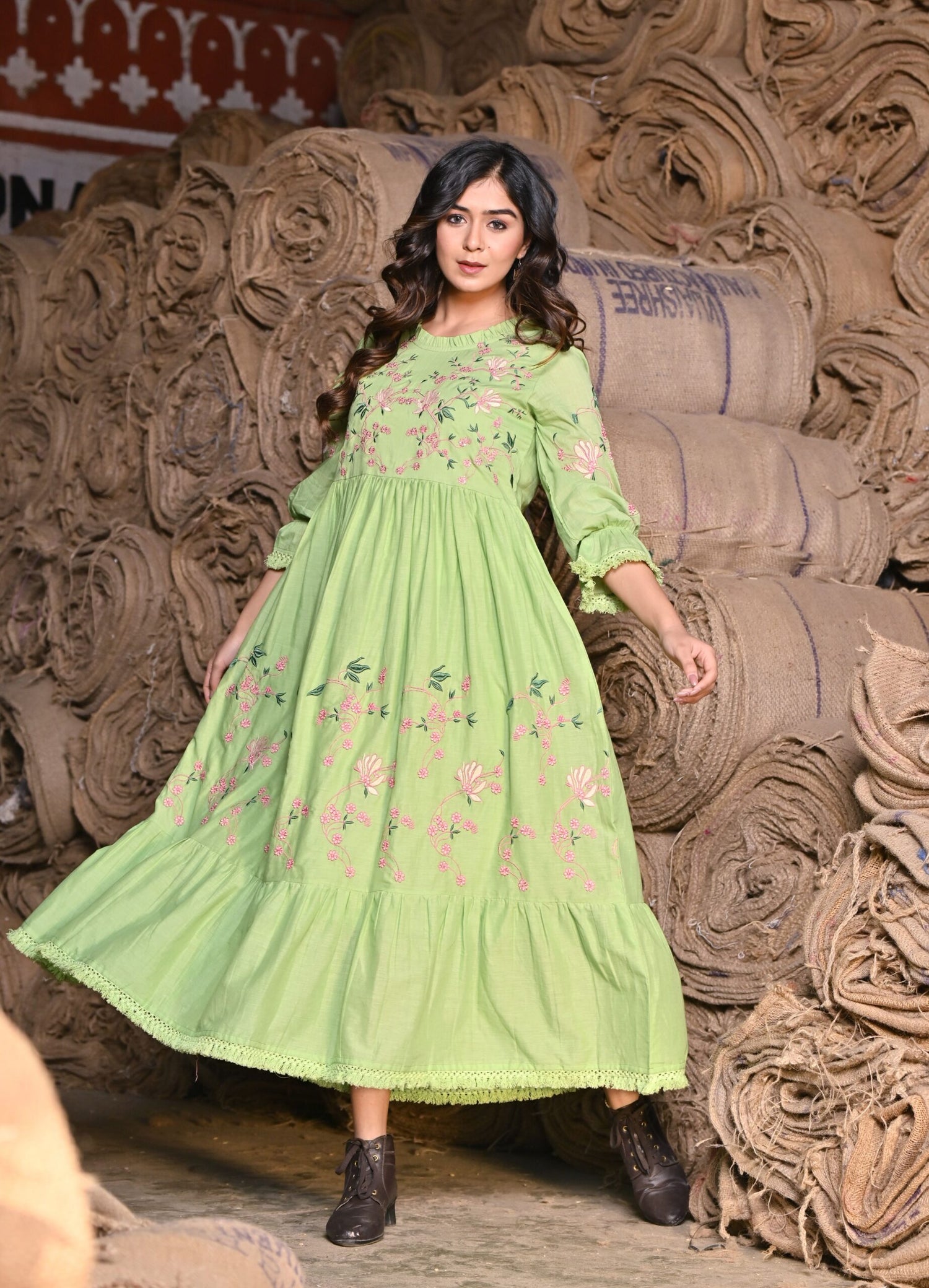 Green embroidered Midi Dress