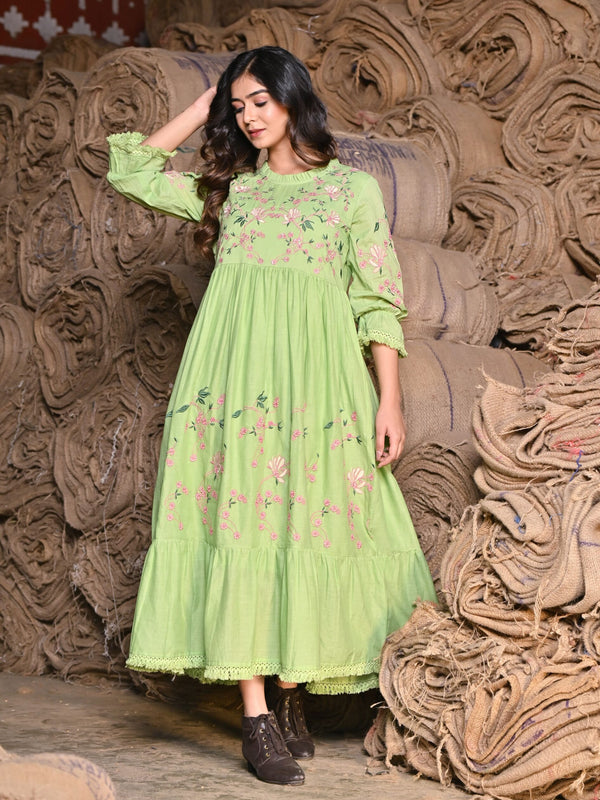 Green embroidered Midi Dress