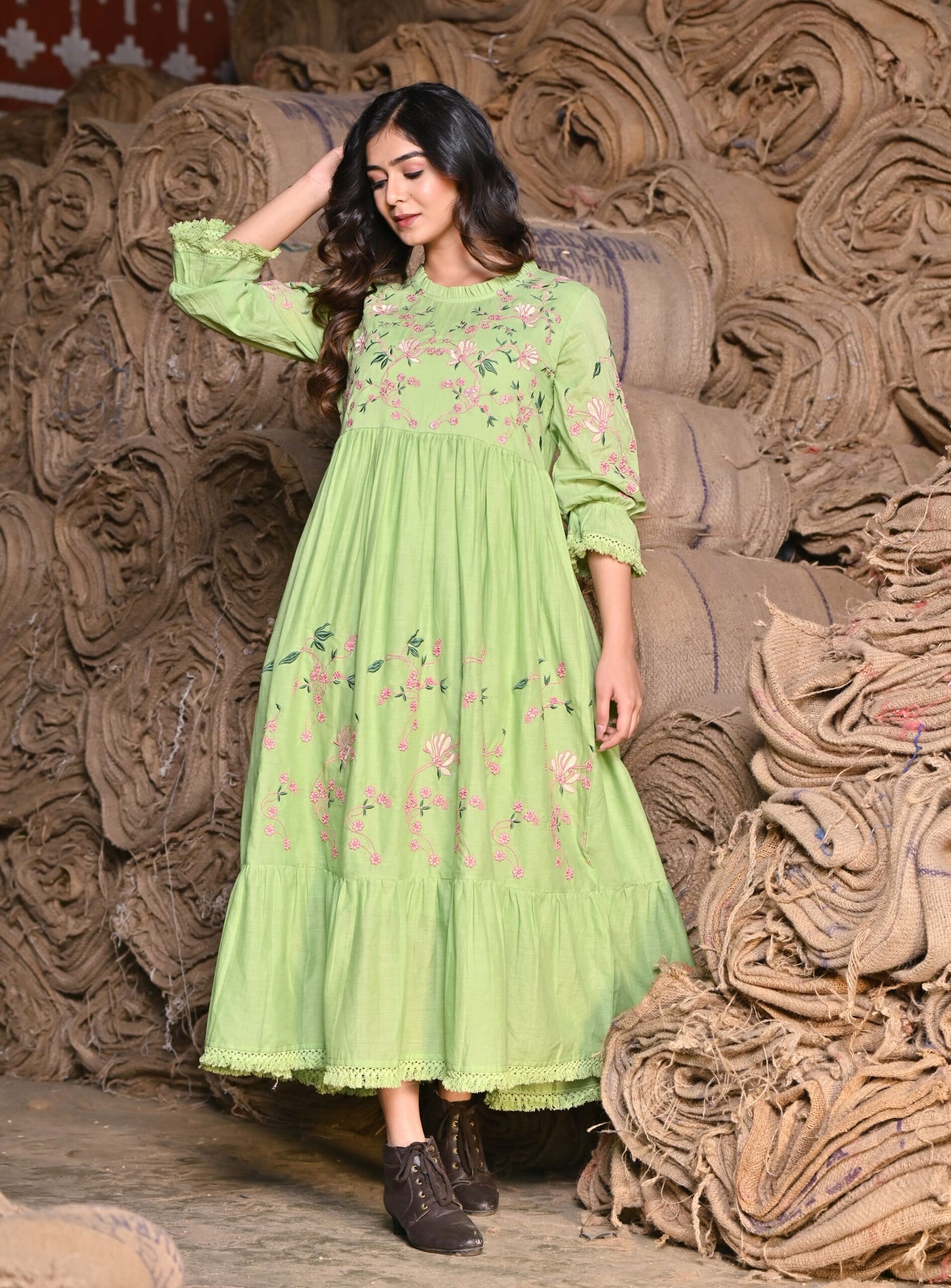 Green embroidered Midi Dress