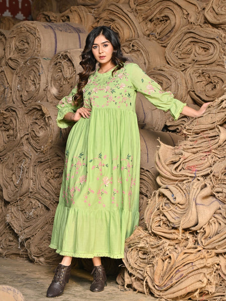 Green embroidered Midi Dress