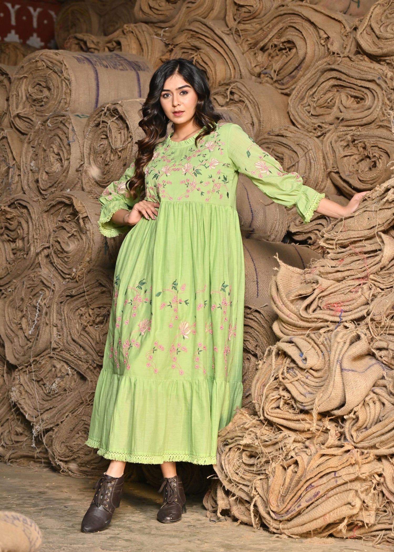 Green embroidered Midi Dress