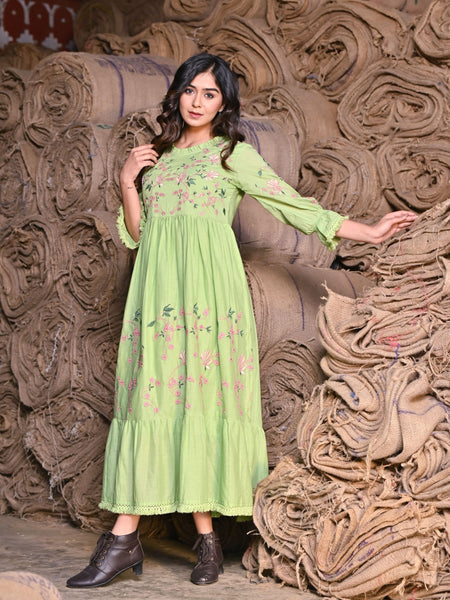 Green embroidered Midi Dress