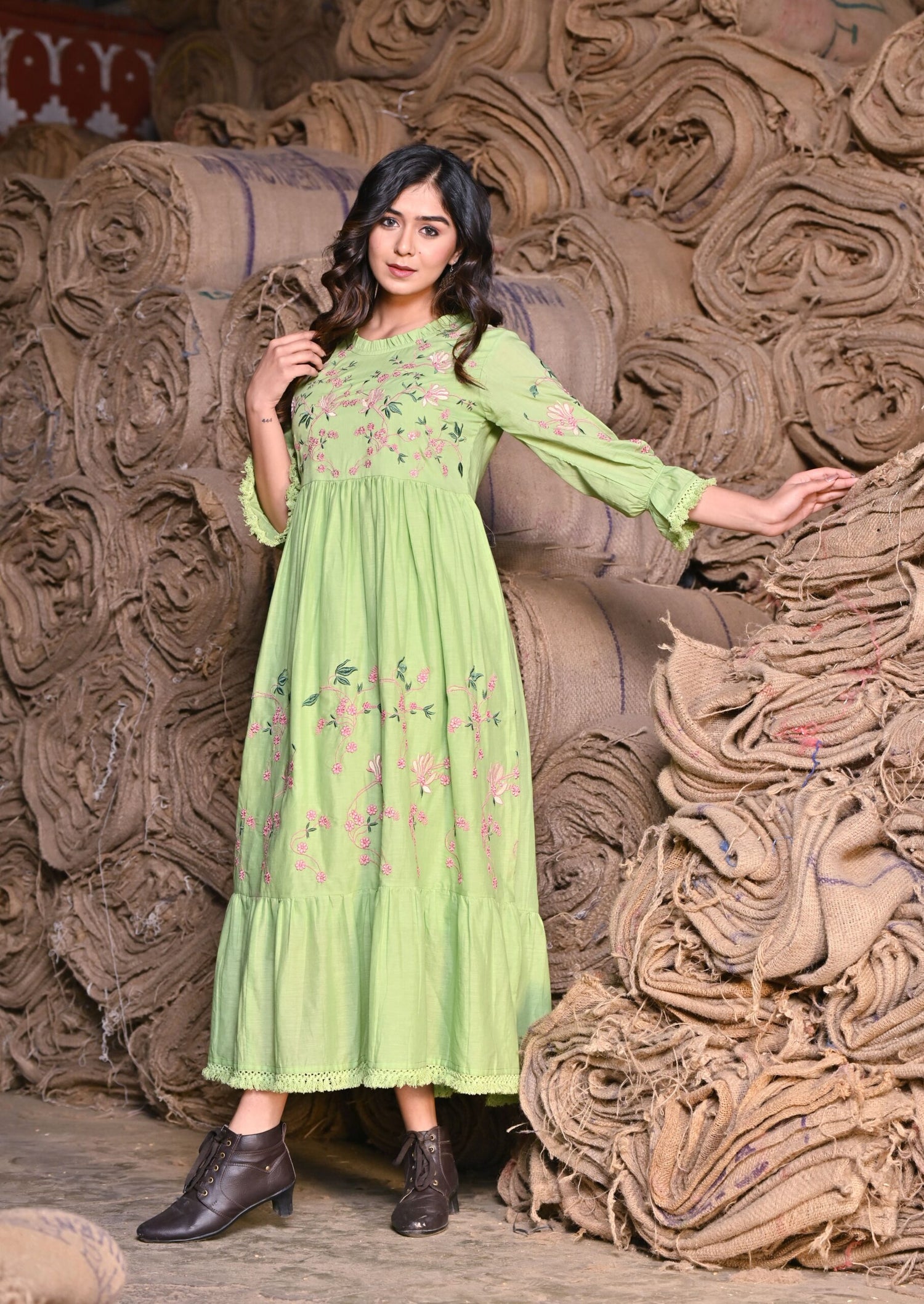 Green embroidered Midi Dress