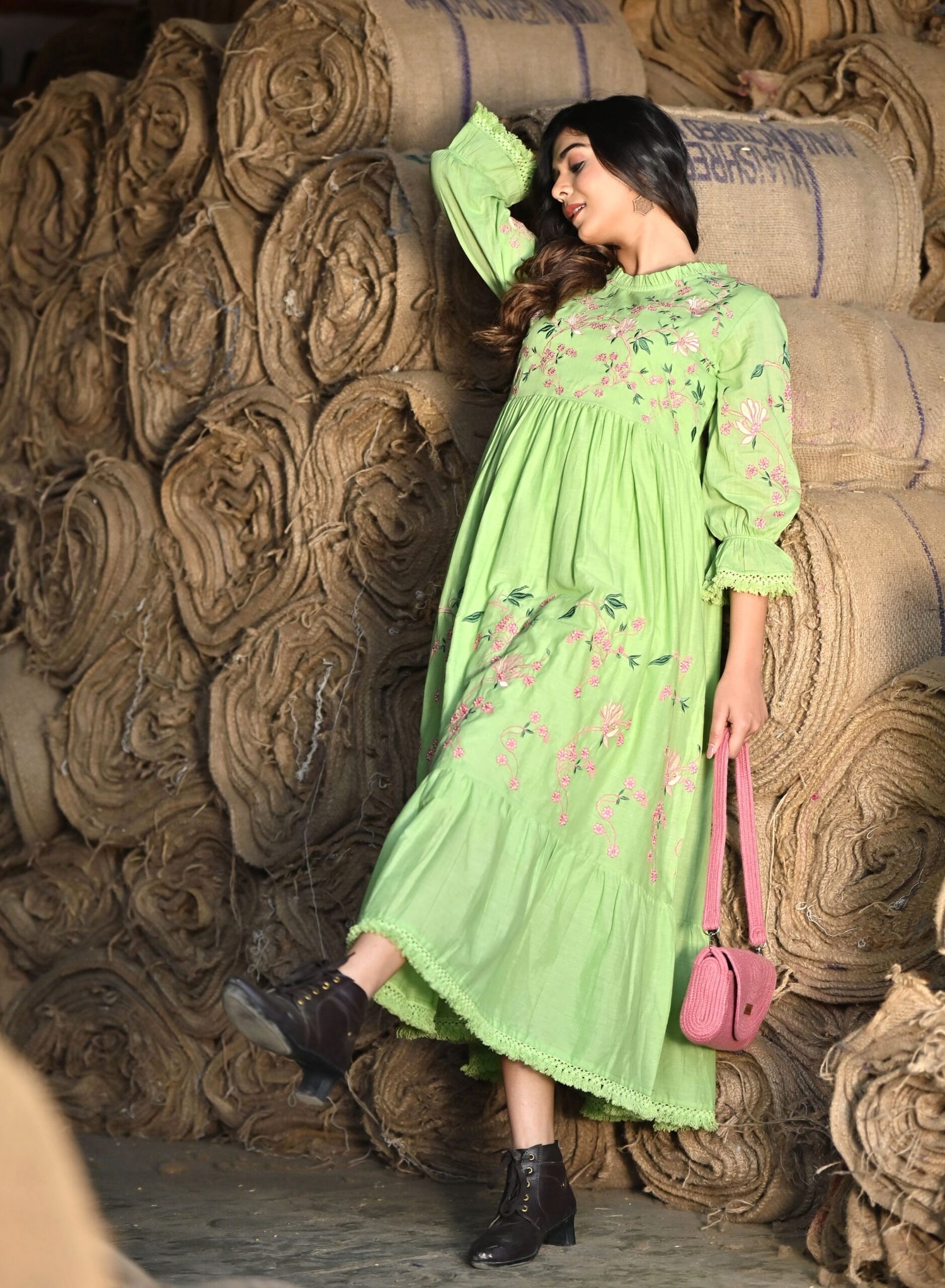 Green embroidered Midi Dress