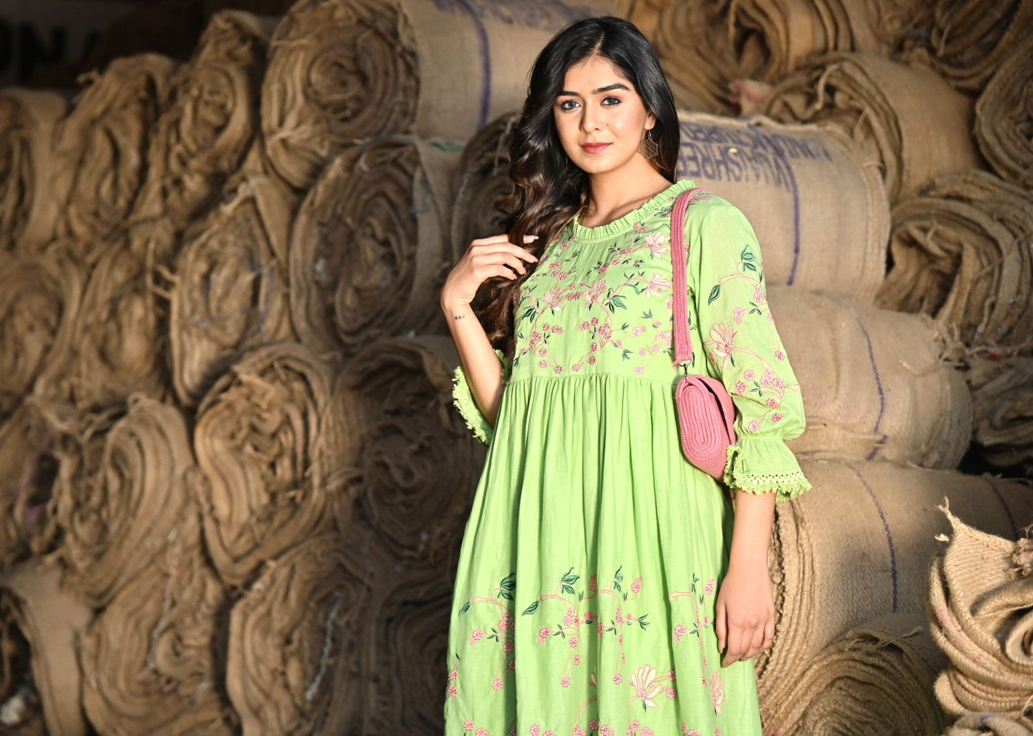 Green embroidered Midi Dress