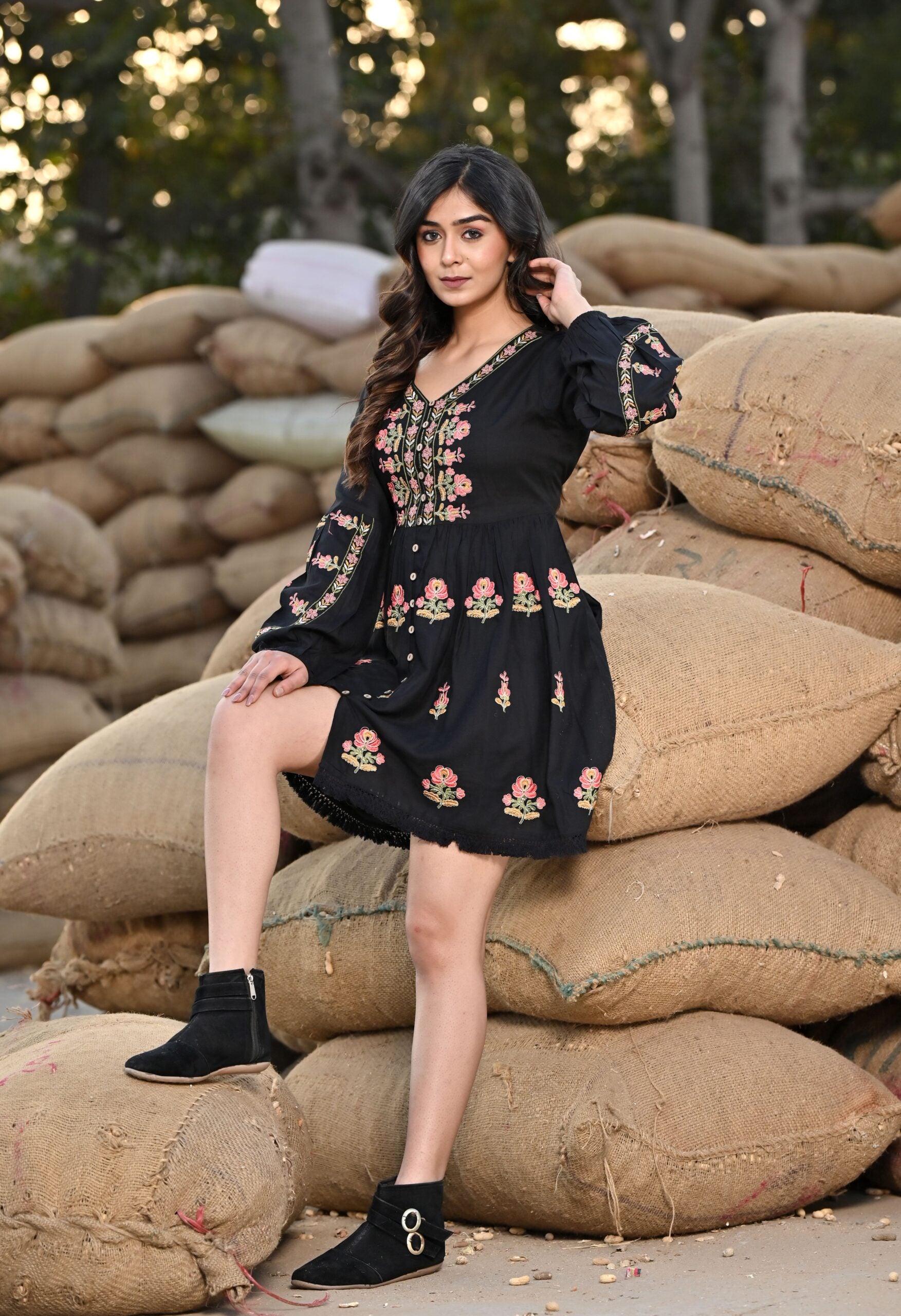 Black embroidered flared dress