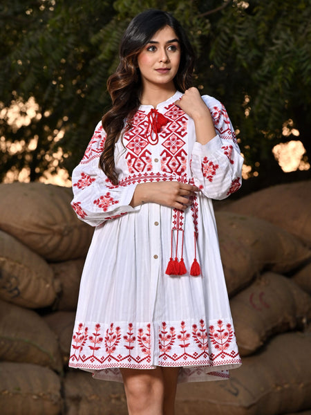 Emma White Red Embroidered Midi Dress