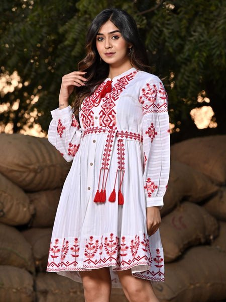 Emma White Red Embroidered Midi Dress