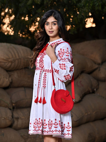 Emma White Red Embroidered Midi Dress