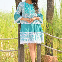 Blue Printed Crochet Mini Dress