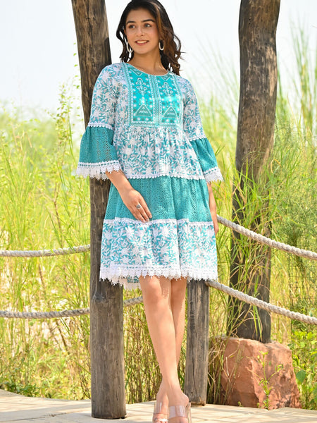 Blue Printed Crochet Mini Dress