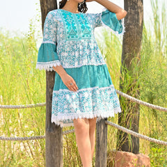 Blue Printed Crochet Mini Dress