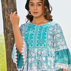 Blue Printed Crochet Mini Dress
