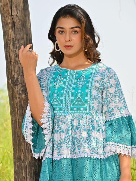 Blue Printed Crochet Mini Dress