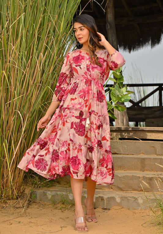 Eliza Pink floral printed Midi Dress