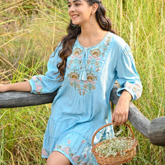 Sky Blue Embroidered Flared Mini Dress