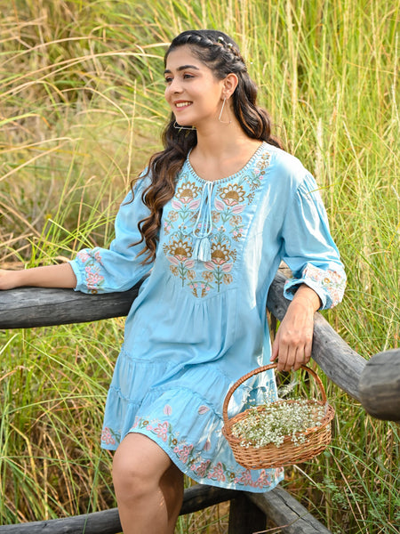 Sky Blue Embroidered Flared Mini Dress