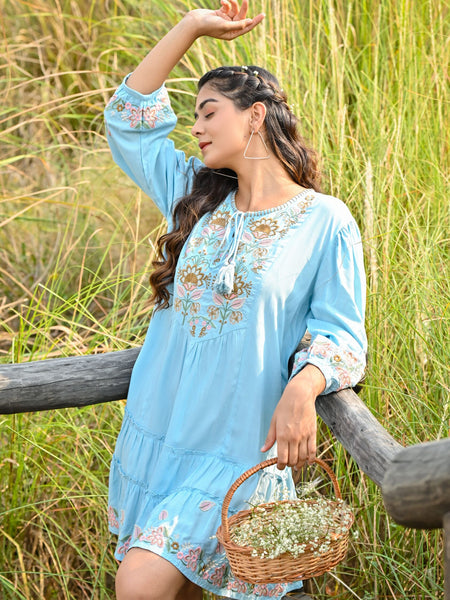Sky Blue Embroidered Flared Mini Dress