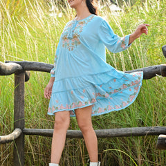 Sky Blue Embroidered Flared Mini Dress