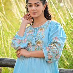 Sky Blue Embroidered Flared Mini Dress