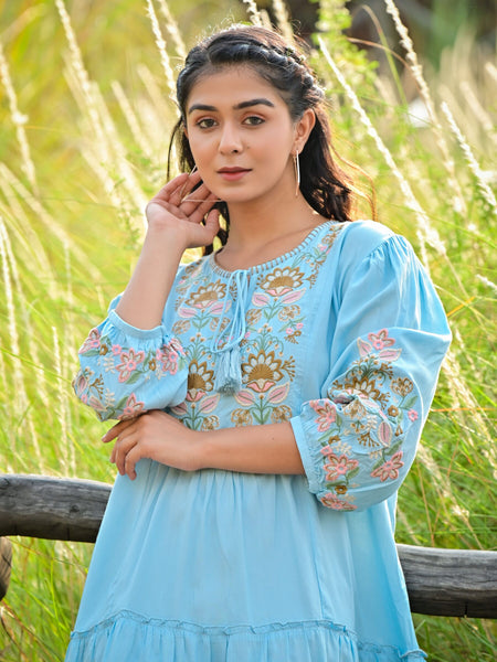 Sky Blue Embroidered Flared Mini Dress