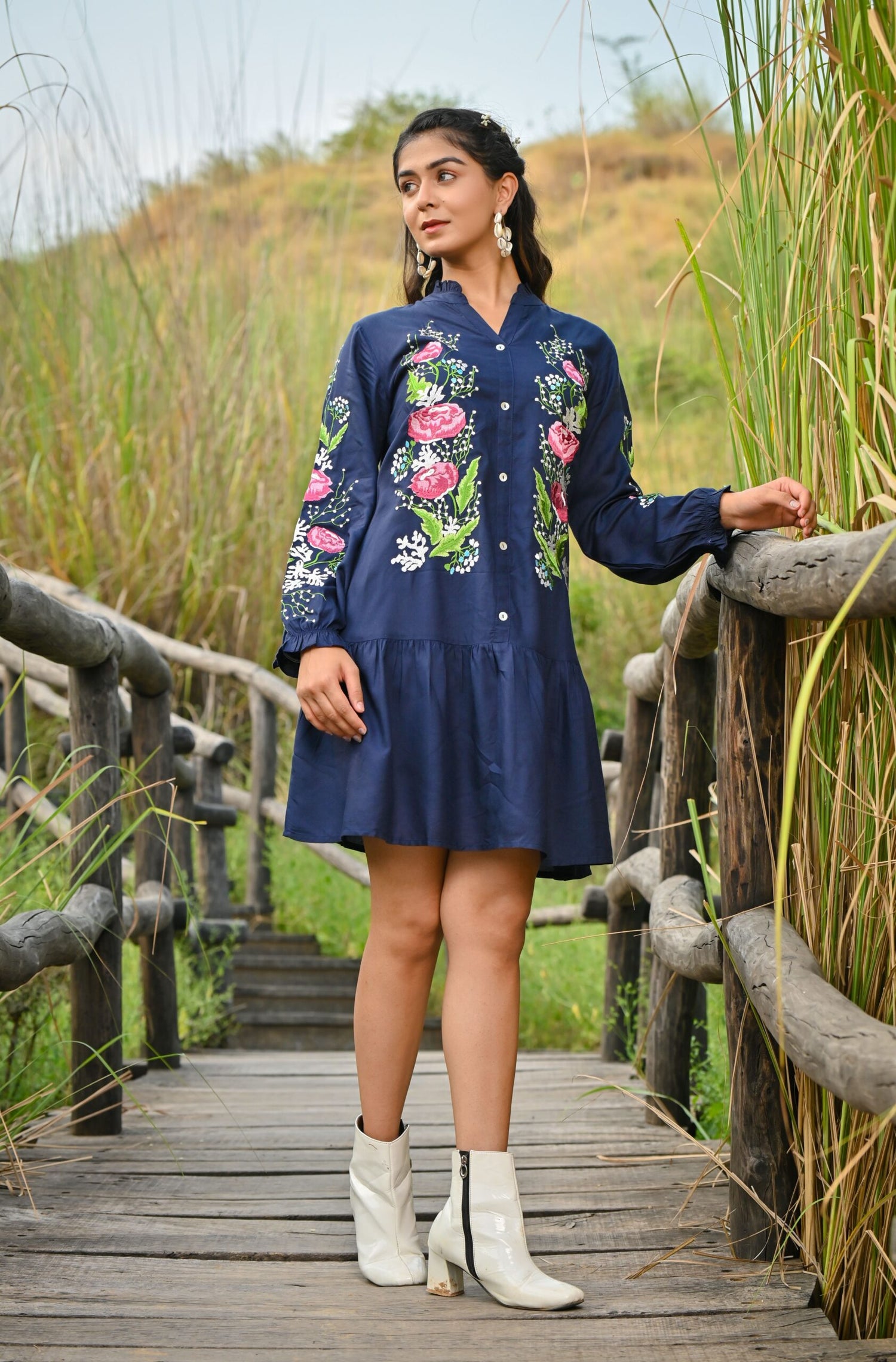 Blue Emboidered Midi Dress for Girls