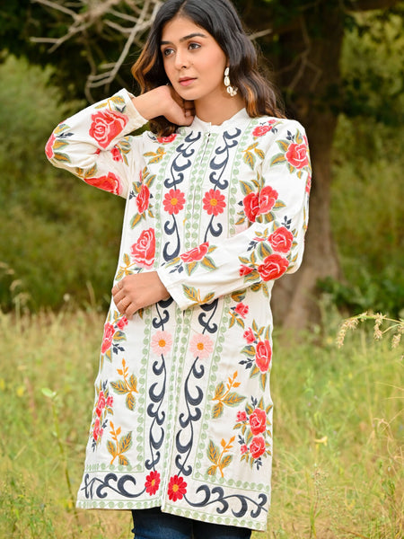 White Pink Embroidered Full Sleeves Long Jacket