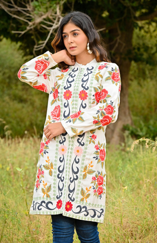 White Pink Embroidered Full Sleeves Long Jacket