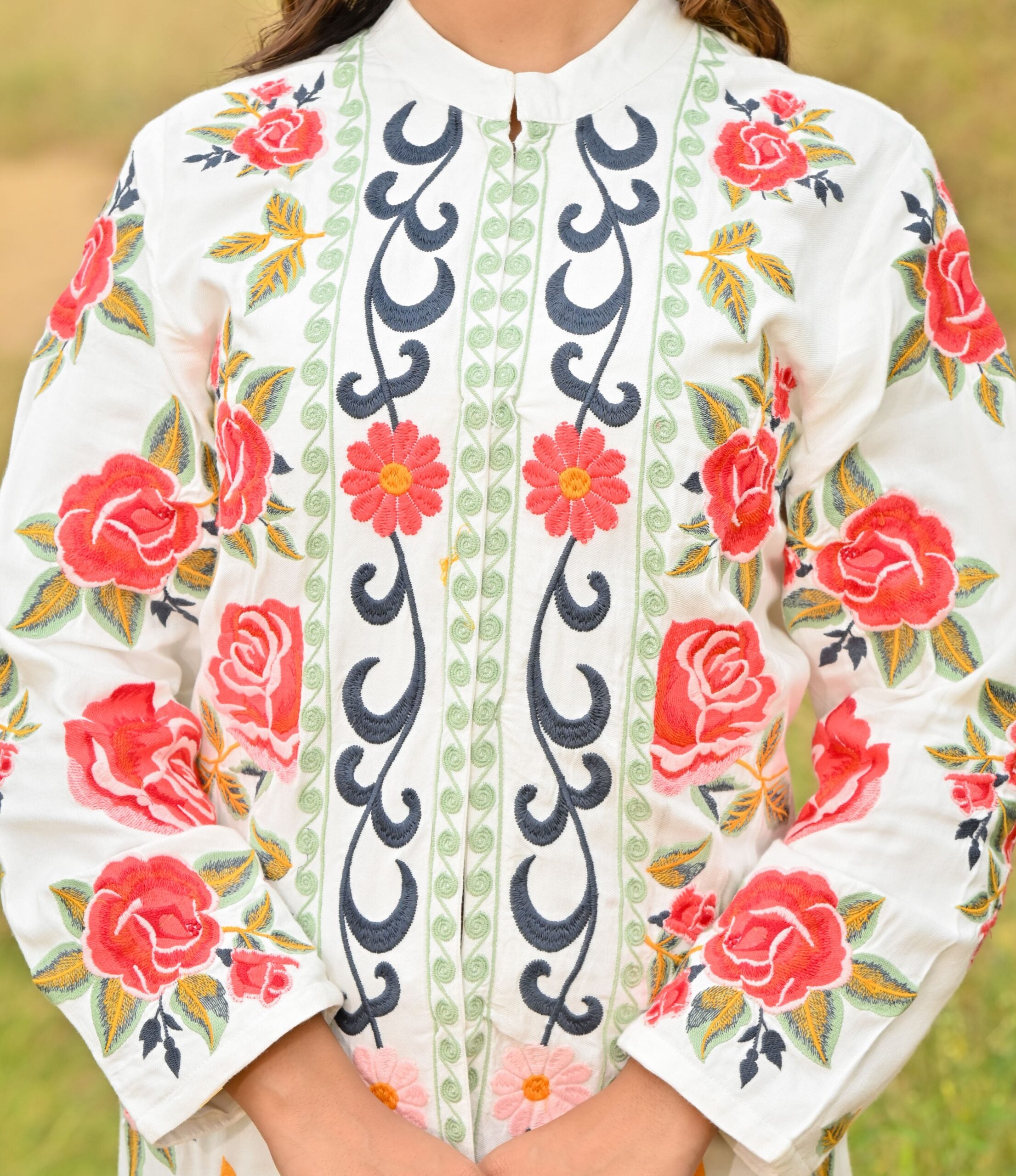 White Pink Embroidered Full Sleeves Long Jacket