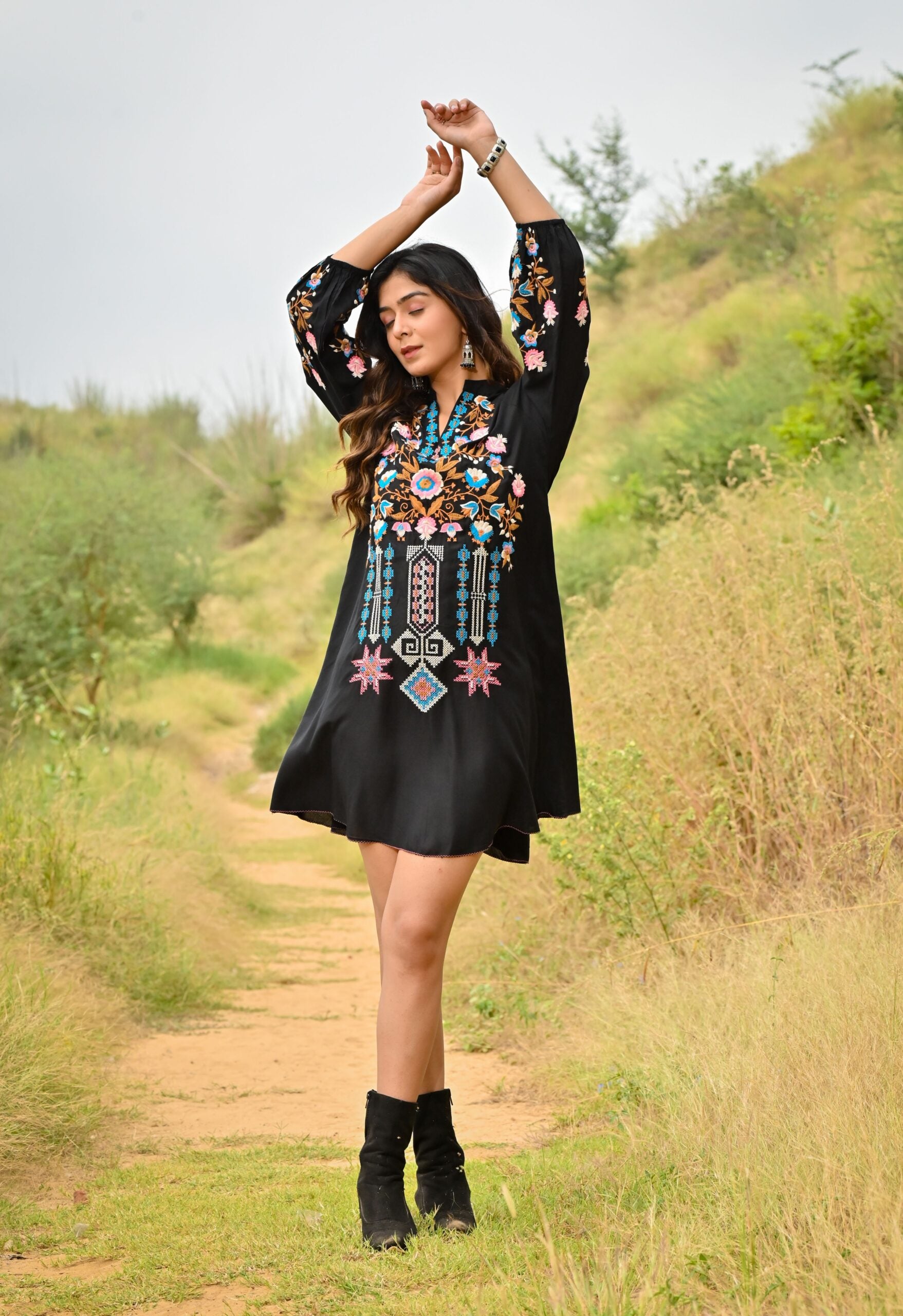 Black Colorful Embroidered Mini Dress